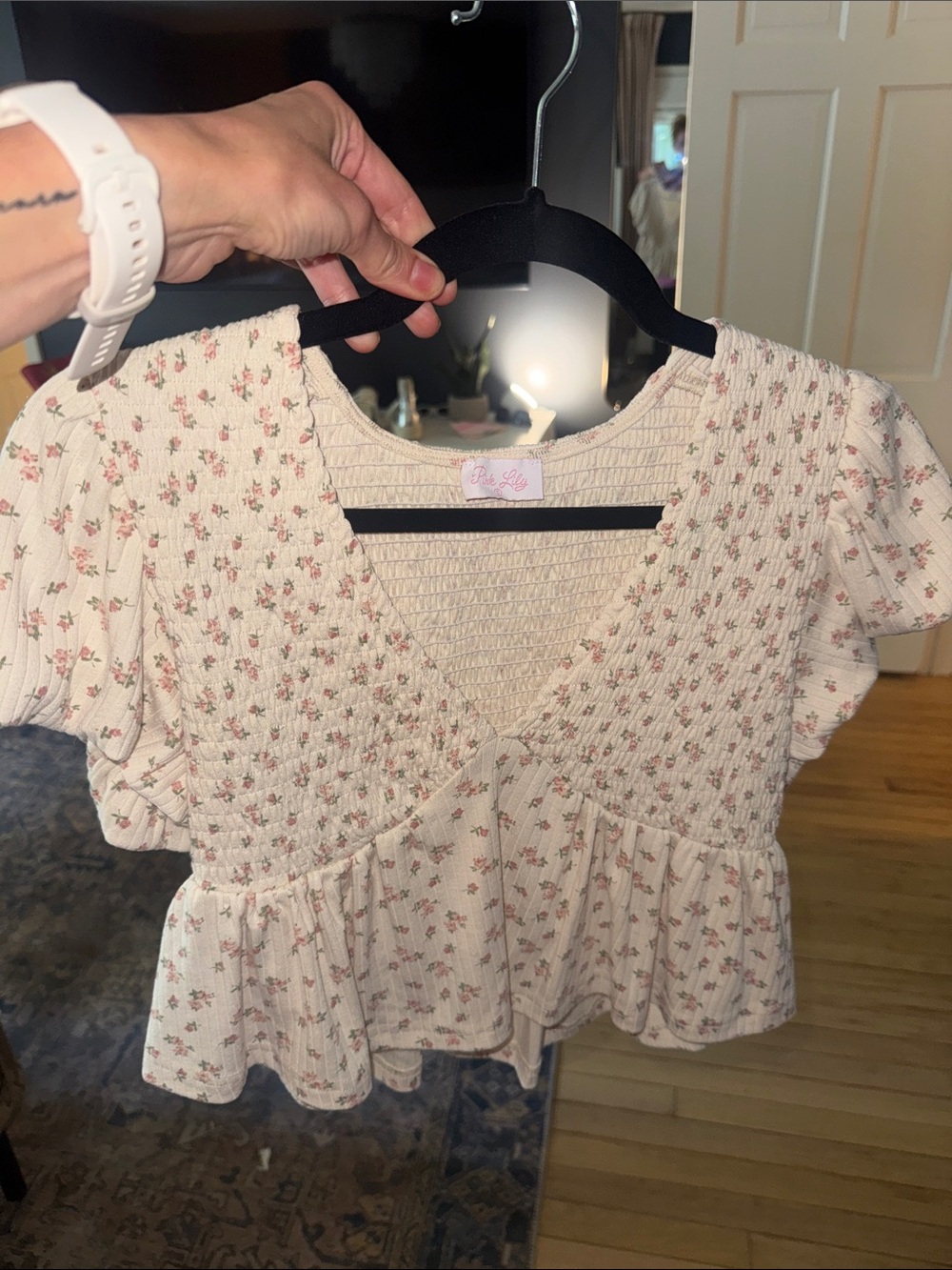 Pink Lily Cream Floral Smocked Peplum Crop Top